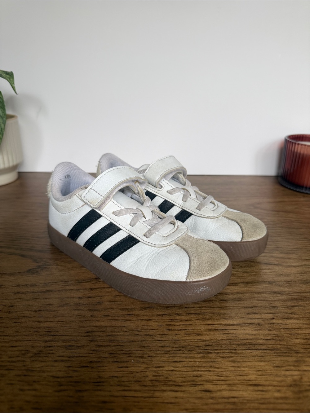 Kids White Sneakers with Black Stripes and Brown Sole